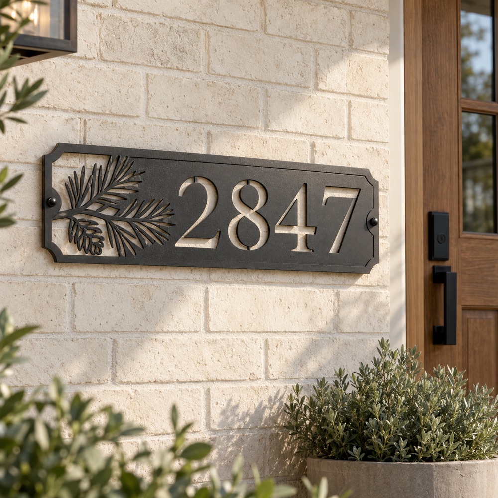 Black metal house number sign mounted on brick