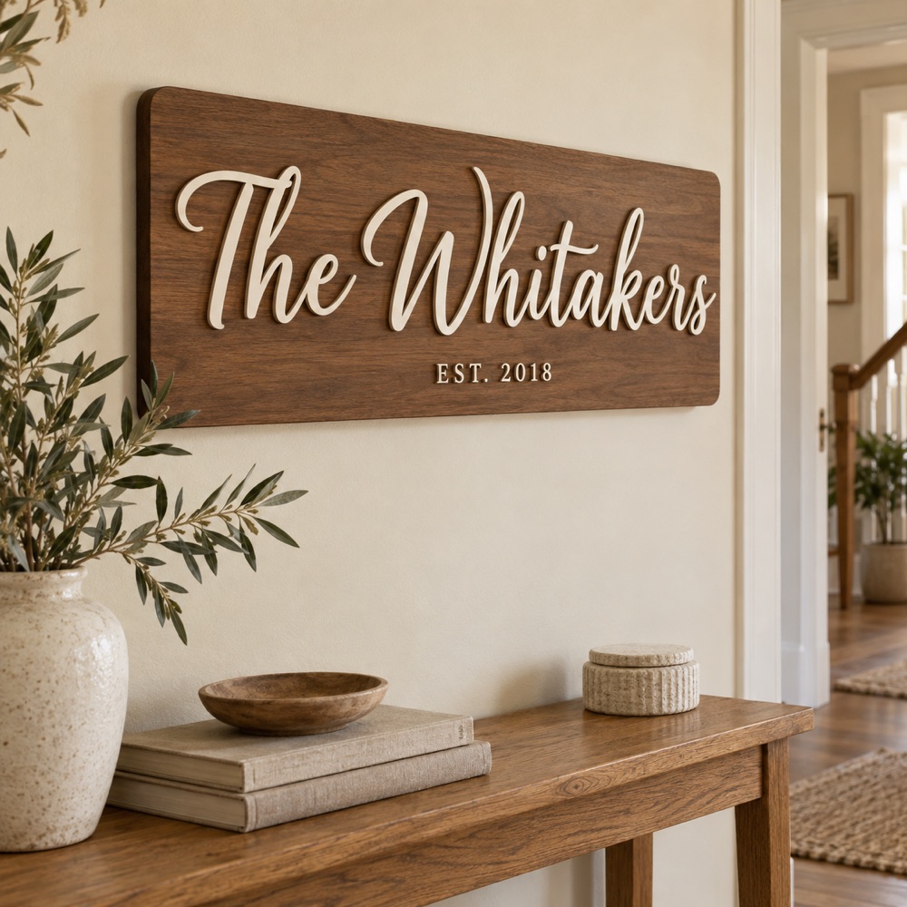 Dimensional family name lettering on a warm wood sign