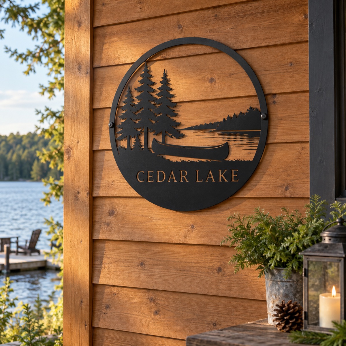 Black metal Cedar Lake sign on a lakeside cabin