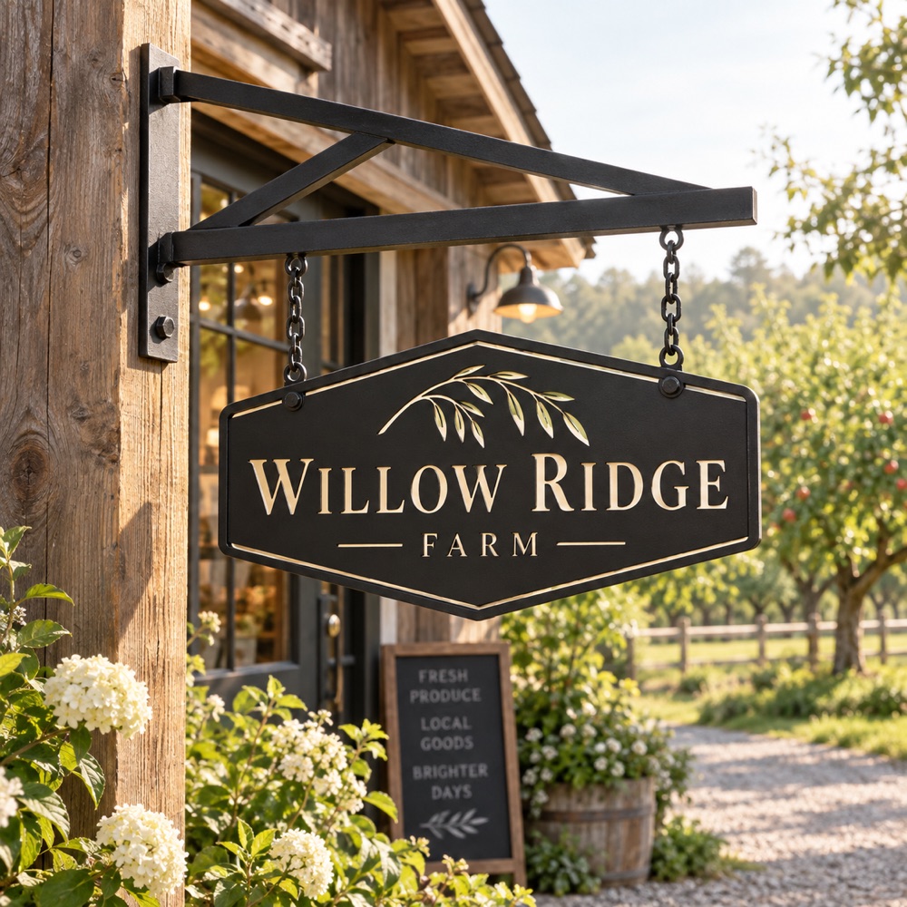Custom hanging farm sign with an oak tree design